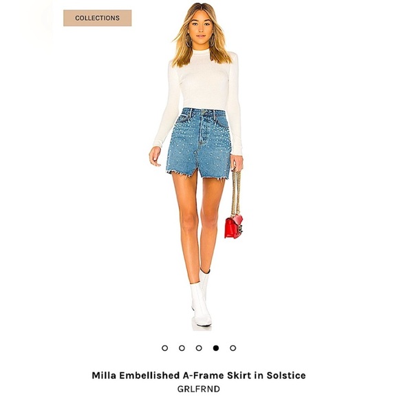GRLFRND Milla Crystal Pearl Embellished Raw Hem Mini Denim Skirt Blue Solstice M - Picture 11 of 16